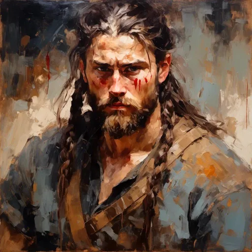 Prompt: <mymodel> 30 year old viking man, long brown hair in braids, beard, looking at viewer, determined expression, blood splattered on face