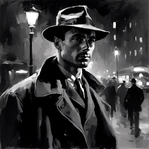 Prompt: <mymodel> detective man in a dark noir city setting, 1940's, pulp hero, portrait, black and white color scheme