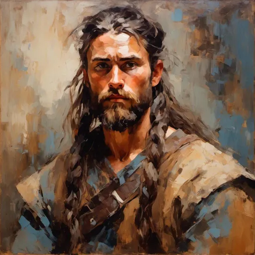 Prompt: <mymodel> 30 year old viking man, long brown hair in braids, beard, looking at viewer, black facepaint pattern, determined expression