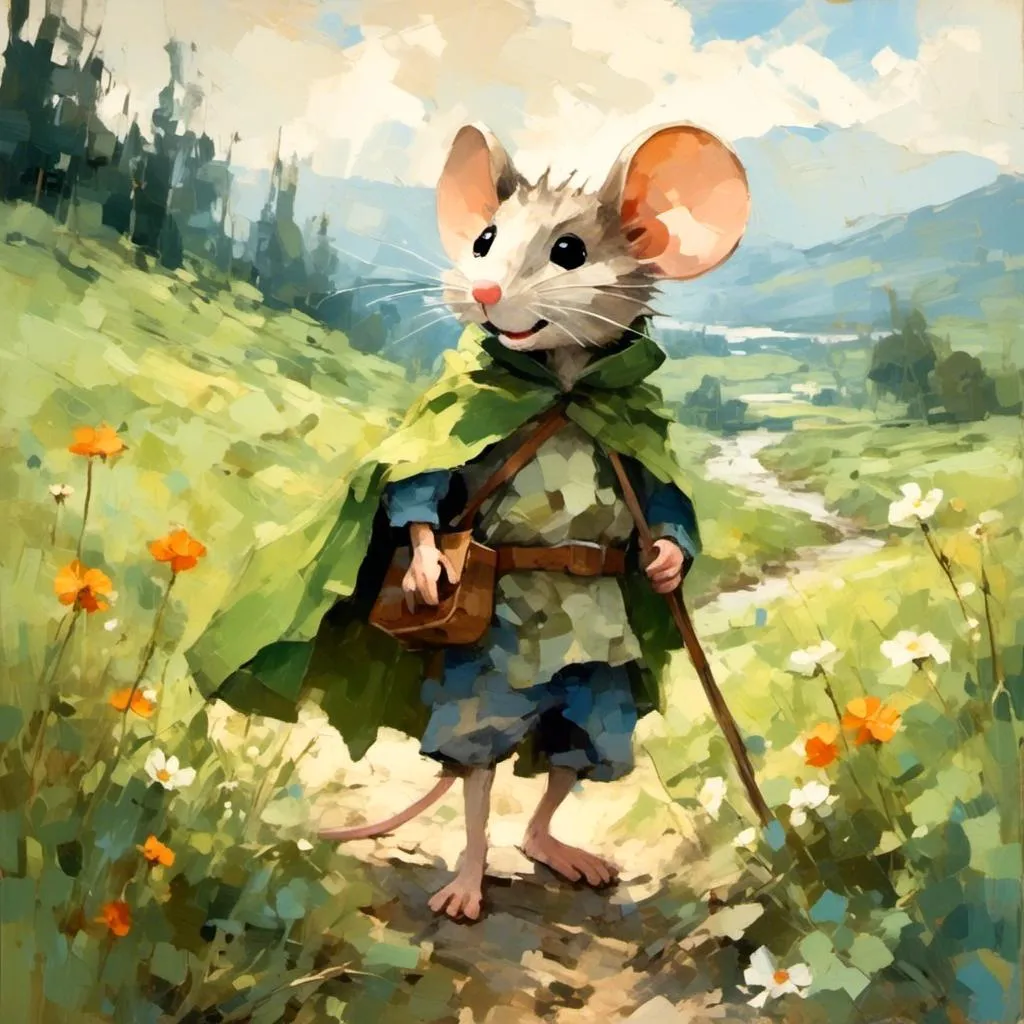 Prompt: <mymodel> short anthropomorphic mouse hero, children's illustration, cute, smiling, green cape, gnarled wooden staff, adventurous, hiking in fields of flowers by a river, blue sky, white clouds, side satchel