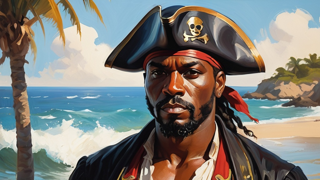 Prompt: a painting of a confident black pirate man, centered, impressionist painting style, David Palumbo style, serial art, pulp comic book art, a character portrait