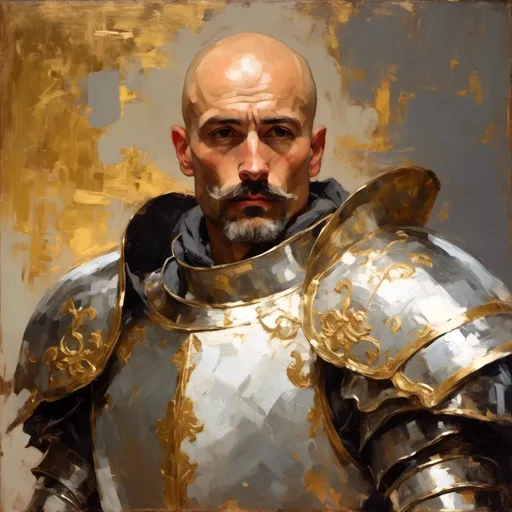 Prompt: <mymodel> 30 year old knight man, bald, short thick trimmed mustache, determined expression, silver armor with gold filigree, golden backlighting