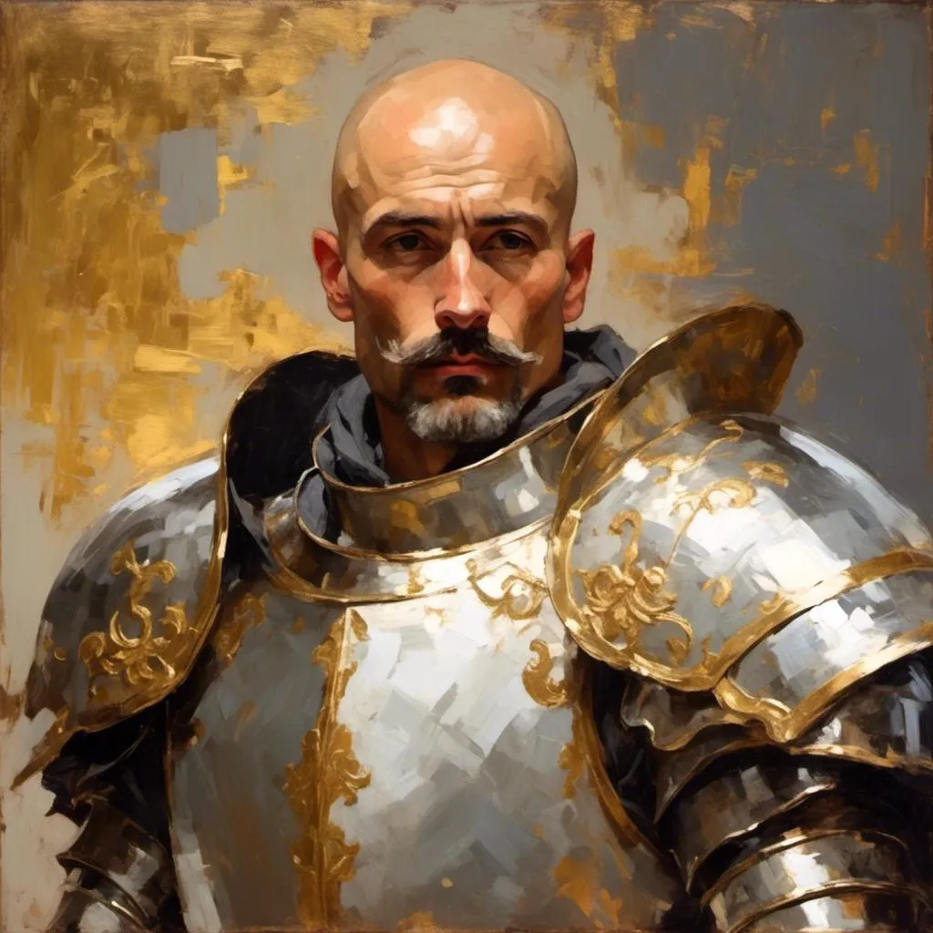 Prompt: <mymodel> 30 year old knight man, bald, short thick trimmed mustache, determined expression, silver armor with gold filigree, golden backlighting