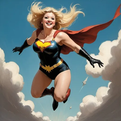 Prompt: frank frezetta style, kelly clarkson, superheroine, flying through the sky, smiling partly open