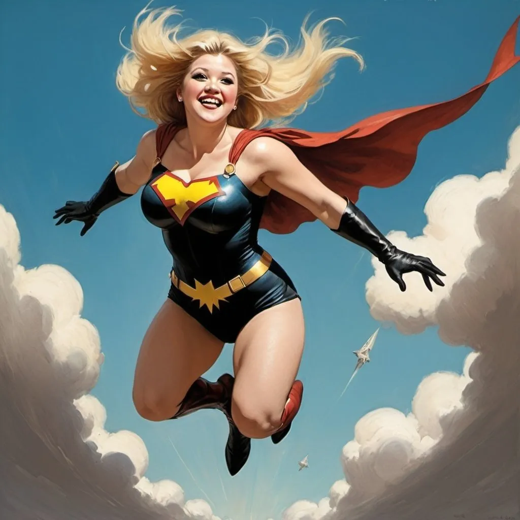 Prompt: frank frezetta style, kelly clarkson, superheroine, flying through the sky, smiling partly open