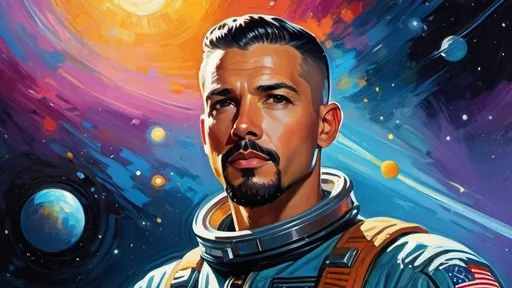 Prompt: a painting of a confident futuristic space pilot man with a black buzzcut hairstyle and a goatee, centered, outer space background, impressionist painting style, David Palumbo style, serial art, pulp comic book art, a character portrait