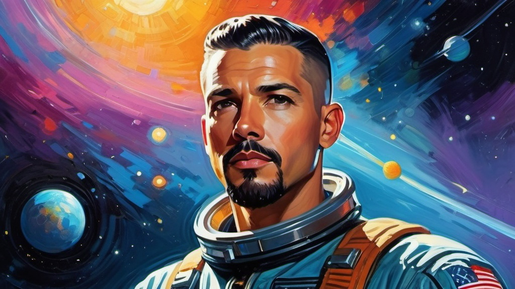 Prompt: a painting of a confident futuristic space pilot man with a black buzzcut hairstyle and a goatee, centered, outer space background, impressionist painting style, David Palumbo style, serial art, pulp comic book art, a character portrait