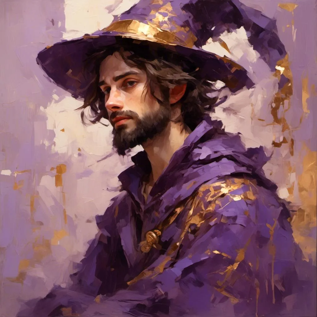 Prompt: <mymodel> young wizard, medium length brown hair, short beard, curious expression, purple robes with gold filigree, purple wizard hat, golden motes floating