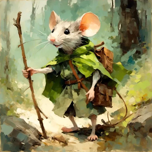 Prompt: <mymodel> short anthropomorphic mouse hero, children's illustration, cute, smiling, green cape, gnarled wooden staff, adventurous, hiking in the woods, side satchel