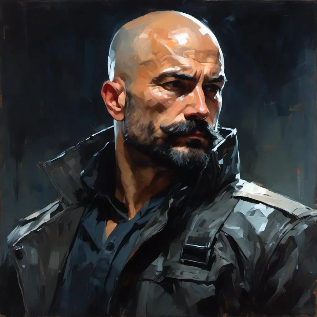 Prompt: <mymodel> cyberpunk hitman, futuristic enforcer, bald, short thick mustache, caucasian, close portrait, dark lighting, futuristic dark heavy clothing, belts, badge