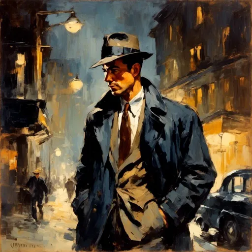 Prompt: <mymodel> detective man in a dark noir city setting, 1940's, pulp hero