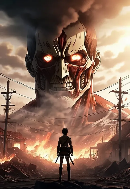 Prompt: A background containing calm, pain, destruction, flame, fog, memories of devastation from the Attack on Titan anime. A background at the peak of creativity that reflects many meanings for the Attack on Titan anime. 8k quality cinematic image