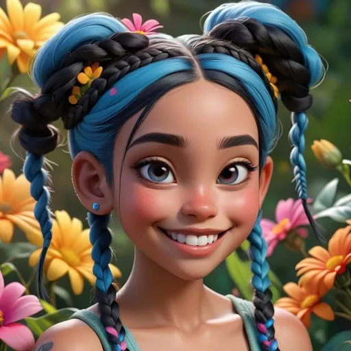 Prompt: A smiling girl with the same facial features and color and skin,
Black hair with two braids and blue hair allowances,
A sweet spot near the lips like the girl in the photos,
Gongali background with many colorful flowers, 3D design, Disney, realistic