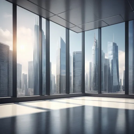 Prompt: A contemporary modern office with skyscrapers outside the window." technology, high details, high resolution -