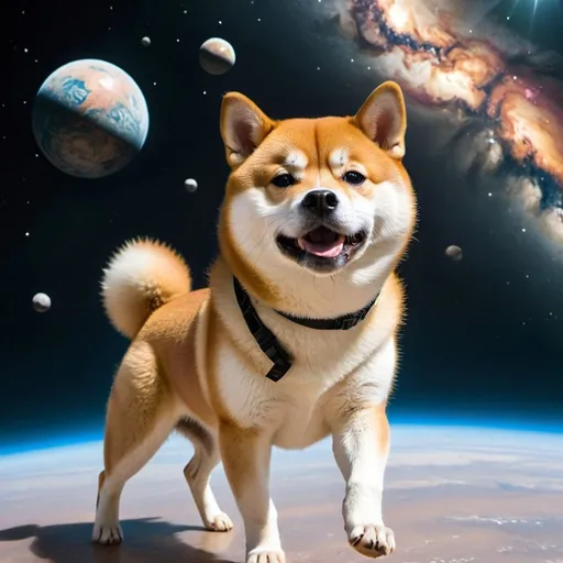 Prompt: Some Shiba Inu are walking in space