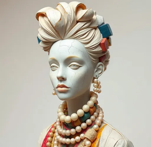 Prompt: Light Wood sculpture of a20th century young woman model , pale skin and cracked, her clothes are big abstract and woven, thick and very colorful, portrait , white background,has lots of abstract accessories , large abstrcbatractt hair style lots of pearls