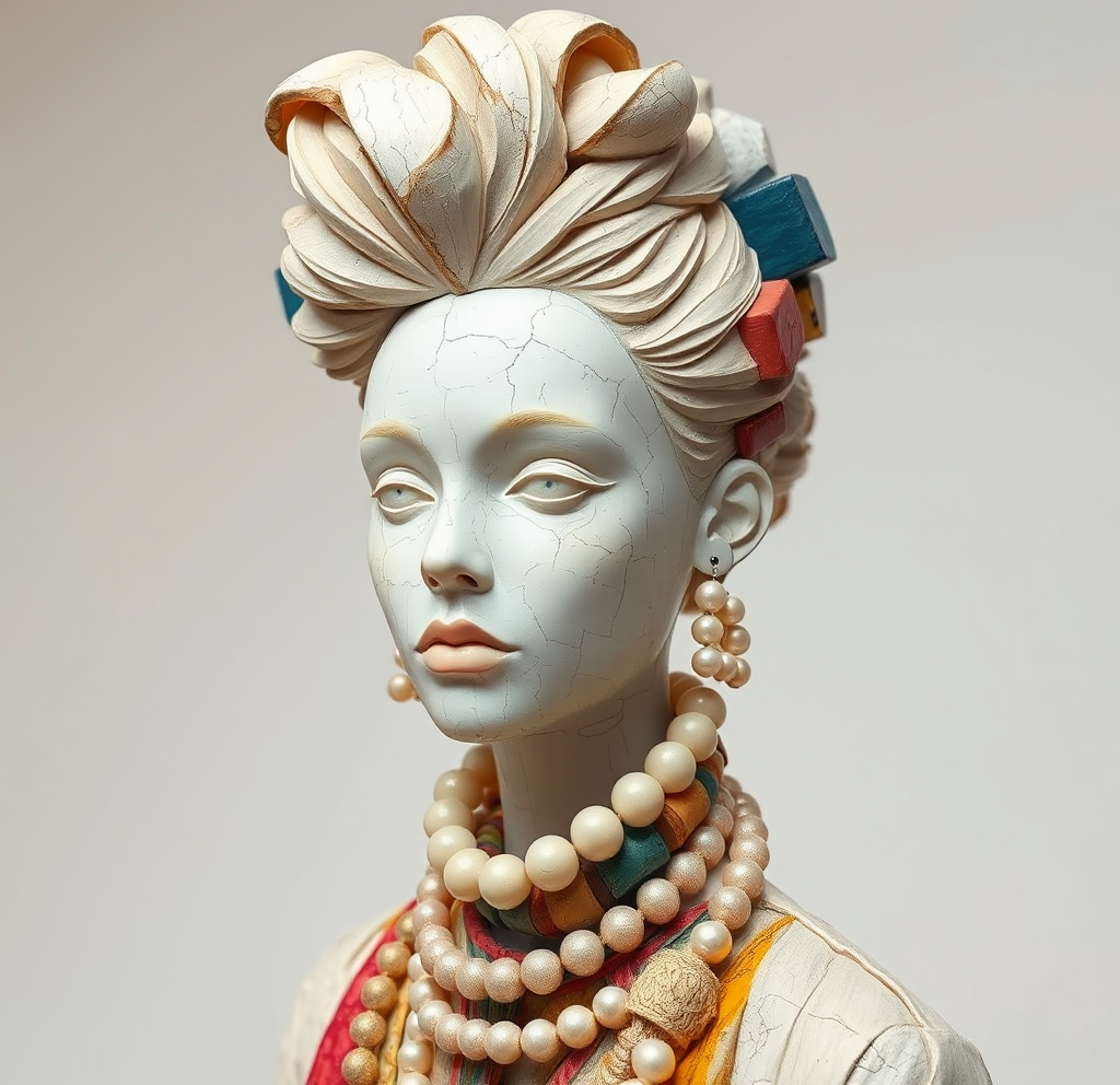 Prompt: Light Wood sculpture of a20th century young woman model , pale skin and cracked, her clothes are big abstract and woven, thick and very colorful, portrait , white background,has lots of abstract accessories , large abstrcbatractt hair style lots of pearls