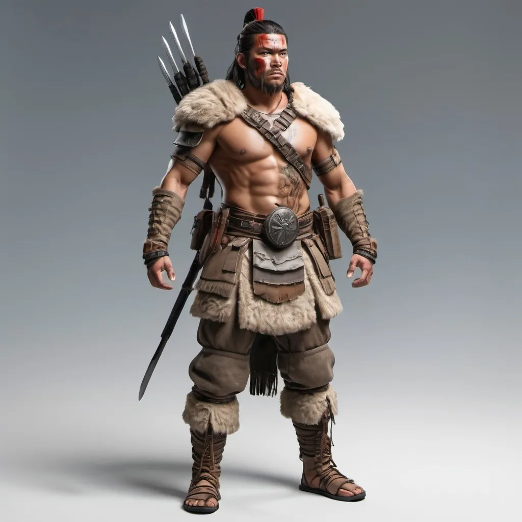 Prompt: Create a vivid image of the entire body, including the realistic front, side, and back of a solemn warrior dressed in a mountain warrior's clothes and equipped with modern equipment.