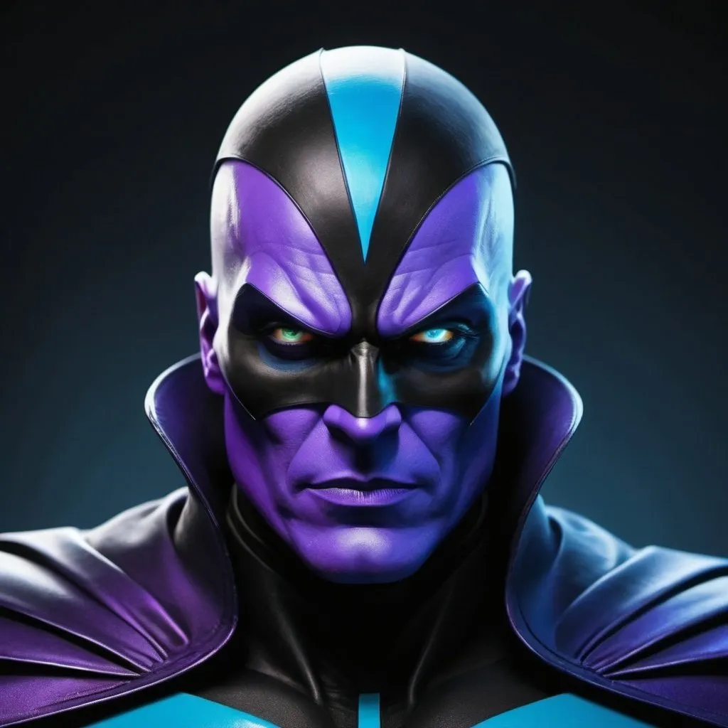 Prompt: supervillain with black blue purple colors

