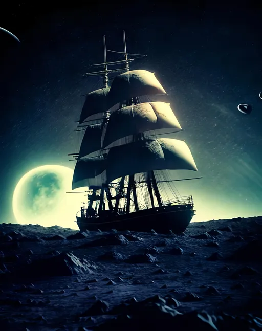Prompt: An old sailing ship on the moon. Galaxies in the background.