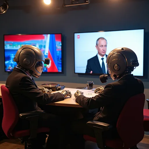 Prompt: Kremlin propagandist robots on tv screens
