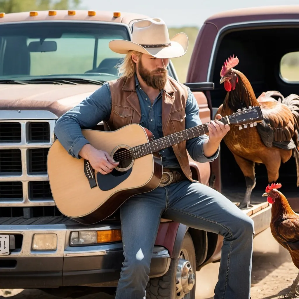 Prompt: Blonde cowboy with beard and guitar in front of a pickup truck driven by a horse with chickens shooting guns