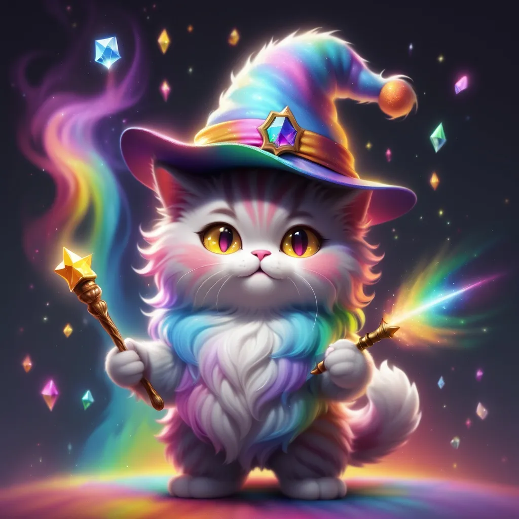 Prompt: fluffy cat wearing a wizard hat and holding a magic wand to make a crystal rainbow.