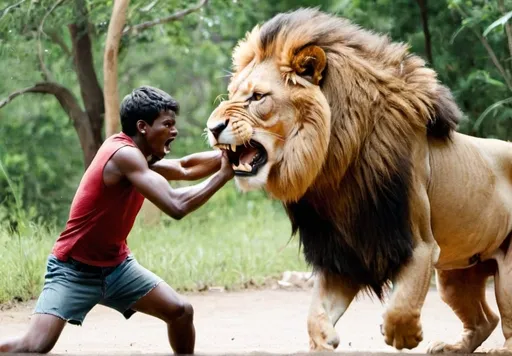 Prompt: Two young men fighting with a big lion