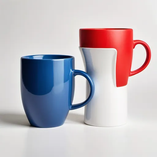 Prompt: a drawing of a blue mug and a red mug – the inside of both mugs is white. Both mugs are exactly the same shape and size apart from the colour 

