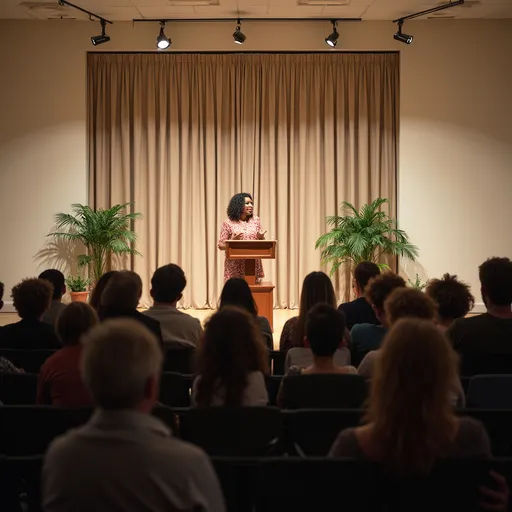 Prompt: In a spacious community hall, a woman stands confidently at a podium, engaging an attentive audience seated in rows before her. She wears a patterned dress, gesturing expressively as she speaks, capturing the interest of her listeners, who appear to range in age and are dressed casually. The stage is well-lit by overhead lights, contrasting with the soft beige curtains that frame the background, creating an inviting atmosphere for the event. A few potted plants add a touch of greenery to the scene, while the minimalist setup suggests a focus on the speaker and her message. The overall vibe is one of openness and inspiration, hinting at a platform for sharing ideas or stories.