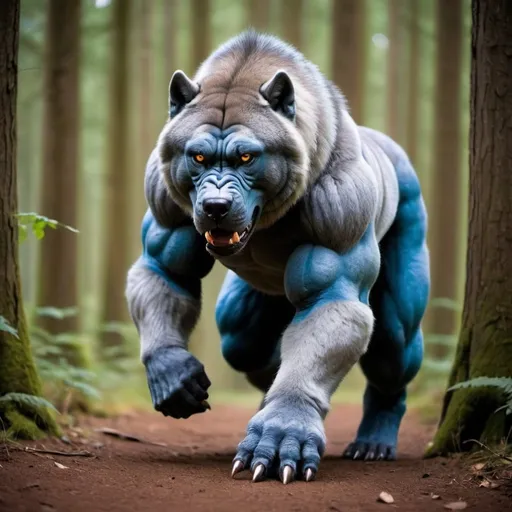 Prompt: Hi I need a picture representing a new animal which is a mix between a Siberian husky dog and a big gorilla. 
I would like the animal to keep the Siberian husky colours and fur, eyes should be one blue one red while using gorilla power, strength and shape. 
The animal should have a biomechanical feel, it should be very very very intimidating and scary. The animal should have an aggressive behaviour while looking directly at the camera, chasing the photographer. The environment should have a futuristic and biomechanical feel, in a forest with weird colours ( you decide them, but make sure they fit perfectly to enhance the animal fur)Please don't follow canonical stereotypes and break free while creating this scary, aggressive, huge, biomechanical new animal.