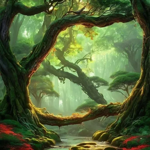 Prompt: Imagine a serene forest scene where ancient trees sway gently in the breeze, their branches adorned with vibrant foliage in shades of emerald, amber, and ruby.
Envision a hidden pathway winding through the woods, dappled with soft sunlight filtering through the leaves above, casting enchanting patterns on the forest floor.
Incorporate elements of fantasy such as delicate fairies flitting among the branches, ethereal wisps of mist weaving through the trees, and perhaps a glimpse of a mythical creature peering curiously from behind a tree trunk.
Capture the essence of tranquility and magic in this artwork, inviting viewers to lose themselves in the enchanting beauty of the mystical forest haven.