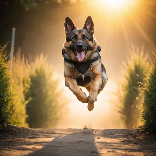 Prompt: German sheperd dog leaping into the sun