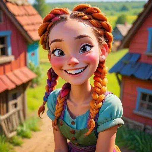 Prompt: Disney style farm girl with braids and a happy smile, vibrant colors, sunny, village top view 