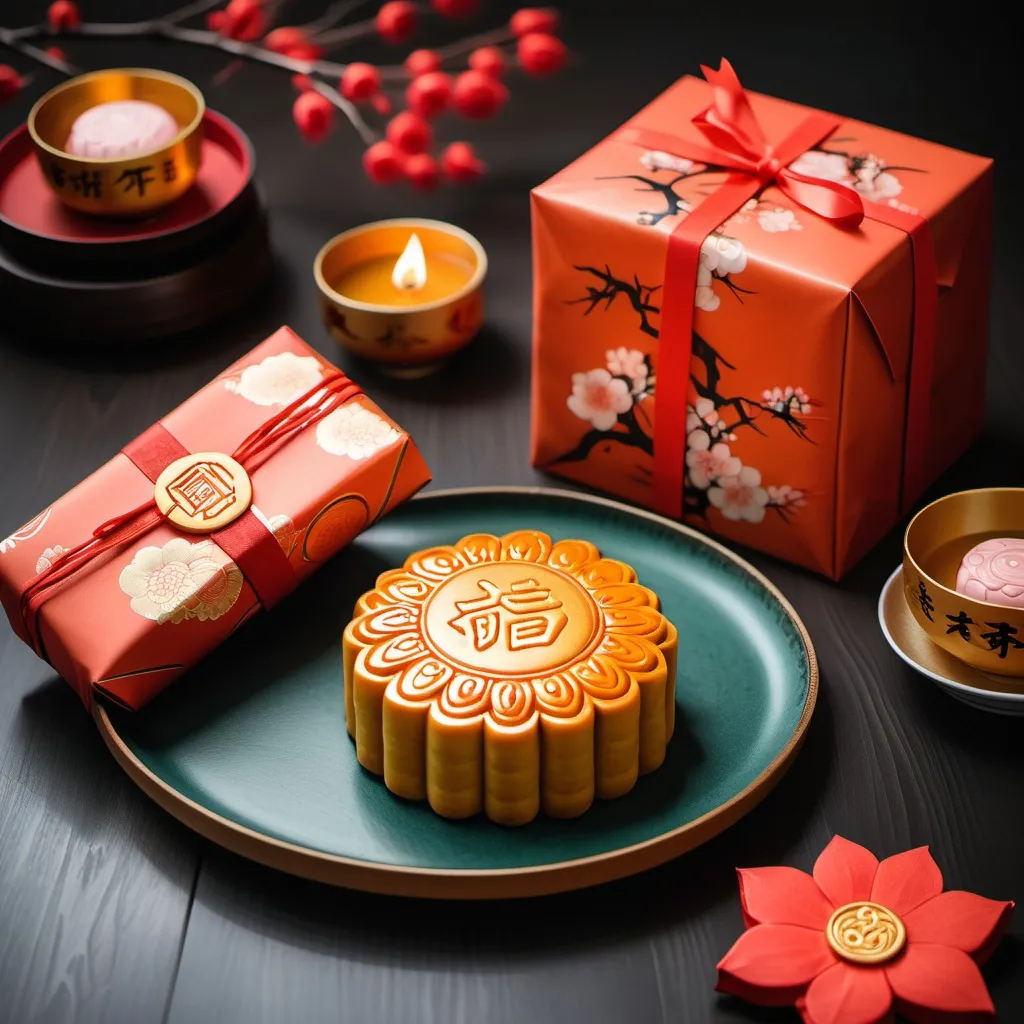 Prompt: wrapped present next to a Chinese mooncake on a table in the style of Chinese traditional art

