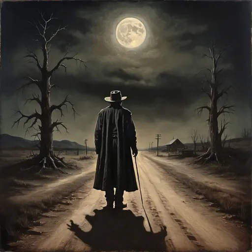 Prompt: Papa Legba at the crossroads, from the back, scary shadows, Old black worn duster and cowboy hat, vintage painting, eerie moonlit landscape, haunting atmosphere, supernatural entity, aged and worn, vintage style, moonlit night, dark tones, eerie lighting, old dirt road, midnight, vintage art, atmospheric, mystical, aged appearance, spectral figure, crossroads, haunting, eerie, high quality, detailed, vintage painting