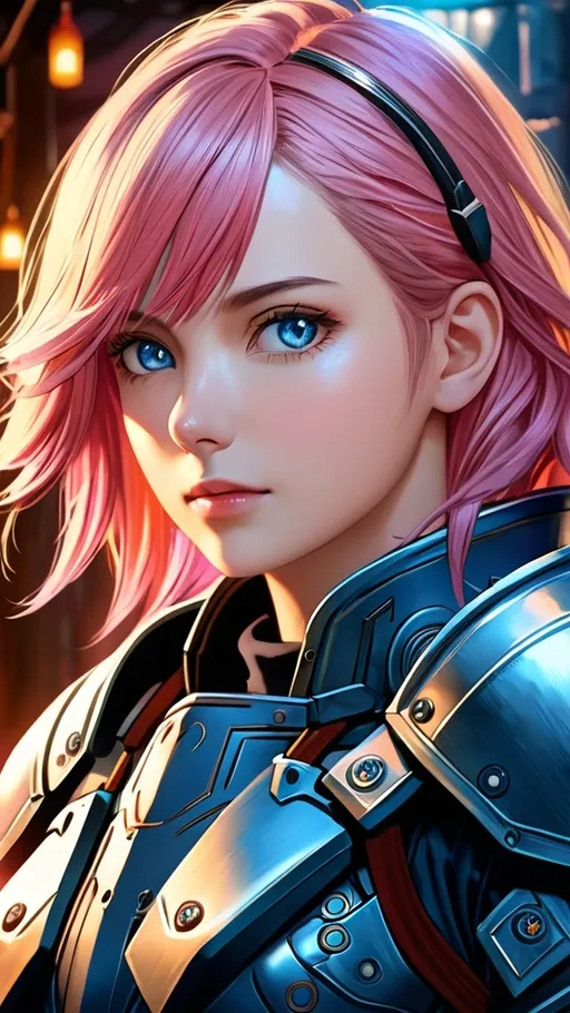 Prompt: Jrpg character portrait, detailed character design, intricate details, detailed face, realistic, anime, digital painting, fantasy, strong build, upper body, post-apocalyptic armor, tech armor, female, blue eyes, pink hair, fantasy background