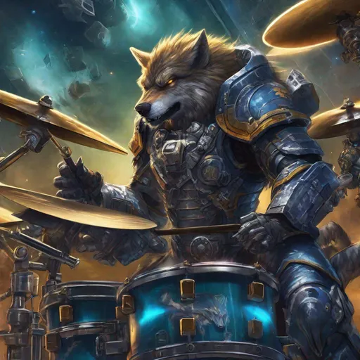 Prompt: Warhammer 40k space wolf playing the drums, digital illustration, futuristic space background, detailed fur with metallic highlights, intense and focused gaze, high-tech armor, epic battle scene in the backdrop, high quality, ultra-detailed, digital illustration, futuristic, intense lighting