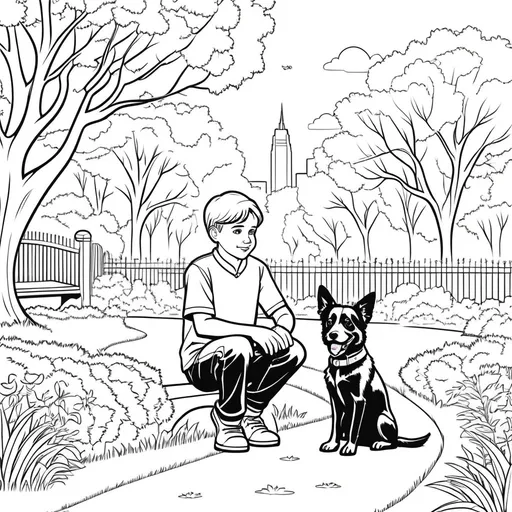 Prompt: B&W coloring book page, boy with his dog in the park, line art, solid white background