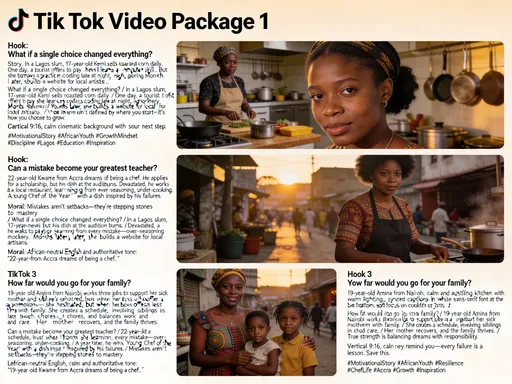Prompt: Act as a TikTok content automation system.

Create content for the niche: Short motivational stories for young people in Africa.

Generate 5 complete TikTok video packages, each 30–45 seconds, and for each video provide:

A strong 2-second hook that creates curiosity

A short motivational story with a clear beginning, tension, and lesson

A clear moral or takeaway at the end

A voiceover instruction suitable for ElevenLabs (African-neutral English, calm, authoritative)

On-screen subtitle text, broken into short readable lines

A CapCut video instruction (vertical 9:16, calm cinematic or lifestyle background, synced captions)

A short TikTok caption that encourages saves and follows

7 relevant hashtags (motivational, storytelling, African audience)

Rules:

Simple, clear English

No emojis

No slang

Emotion-driven and relatable

Stories must feel realistic (student life, work, struggle, discipline, money, faith, growth)

Optimized for watch time and replays

Output everything clearly separated for each video.
