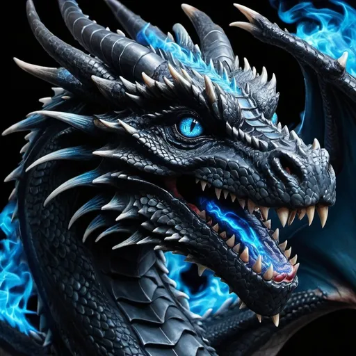 Prompt: Hyper realistic black dragon with stunning blue eyes and blue fire 