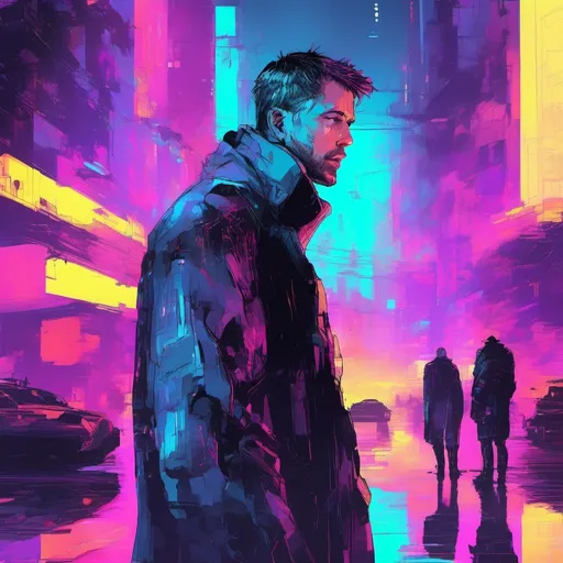 Prompt: Create a scene inspired by the movie "Blade Runner 2049", similar to the iconic scene of Joi saying "You look lonely, I can fix that". The image must portray a futuristic and dystopian environment, with a city lit by neons in vibrant colors, such as blue and purple. Include tall buildings with futuristic architecture and drones flying through the cloudy sky. In the center of the image, place a main character in focus, a blade runner, wearing a long, dark coat, with a serious and melancholic expression. Next to him, project a holographic figure of Joi, large and ethereal, looking at him with a warm and caring expression. The atmosphere should be dark but at the same time aesthetically captivating, capturing the cyberpunk essence of the film and the emotion of the scene.