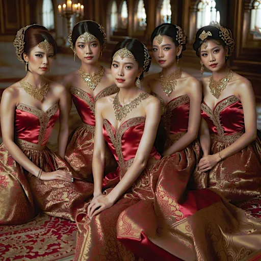 Prompt: (Palace Maids), elegant, royal setting, detailed historical attire, intricate embroidery, **delicate** features, serene expressions, ambient golden lighting, warm color tones, regal atmosphere, luxurious palace interior, grand chandeliers, marble floors, opulent decor, soft shadows, detailed backgrounds, 4K, ultra-detailed, cinematic masterpiece.