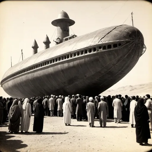 Prompt: Photo, an alien ship landed in Baazar Vakil, 1920 Shiraz, Iran. People are looking at the ship with surprise. 