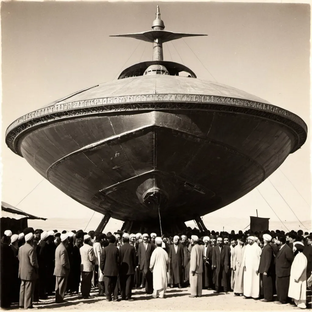 Prompt: Photo, an alien ship landed in Baazar Vakil, 1920 Shiraz, Iran. People are looking at the ship with surprise. 