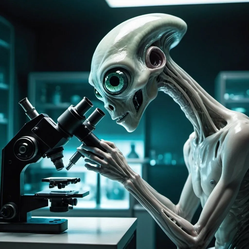 Prompt: an alien cyborg with long neck in a lab looking through a microscope checking out a human eye specimen 