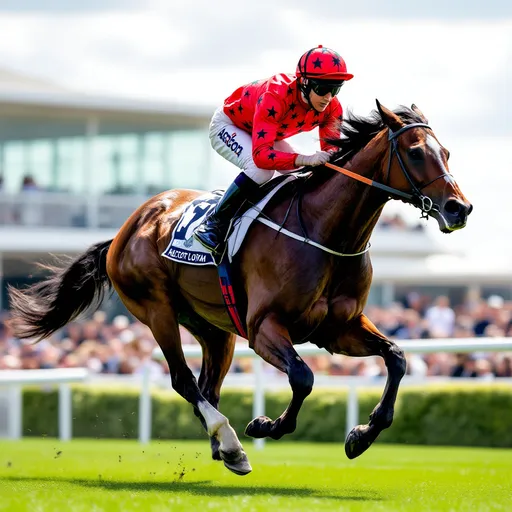 Prompt: caballo de carreras color bayo con su jockey con chaquetilla roja y muchas estrellas negras y casco rojo con estrellas negras, galopando en una carrera del hipódromo de Ascot.