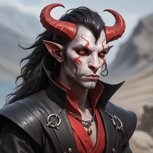 Prompt: Image d’un tiefling grand élégant, traits humains, canines pointues, peau blanche et rouge, yeux blanc, mullet rouge foncé, deux cornes noires de  beliers, une queue noire qui flotte dans le vent. Ajoute des cicatrices sur la joue et au niveau du corps