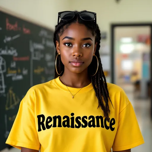 Prompt: The image shows a young African-American woman standing in a classroom. She is wearing a yellow t-shirt with the word "Renaissance" written on it and has a pair of sunglasses on her head. She appears to be speaking into a microphone and is looking directly at the camera with a serious expression on her face. Behind her, there is a blackboard and a whiteboard with writing on it. There is also a door visible in the background.