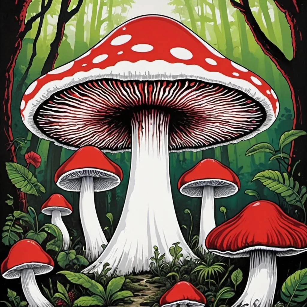 Prompt: psychedelic print white and red mushroom, jungle, melting, concert poster, trick of the eye painting